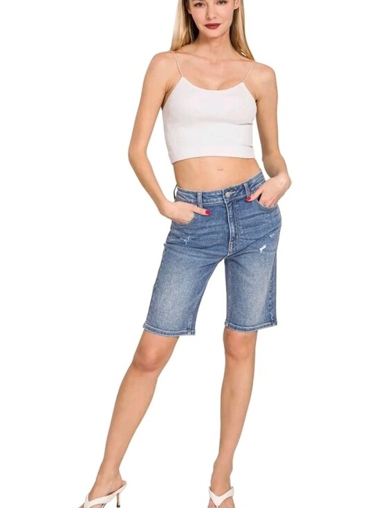 Zenana Signature Pants - Zenana High-Rise Denim Distressed Bermuda Shorts